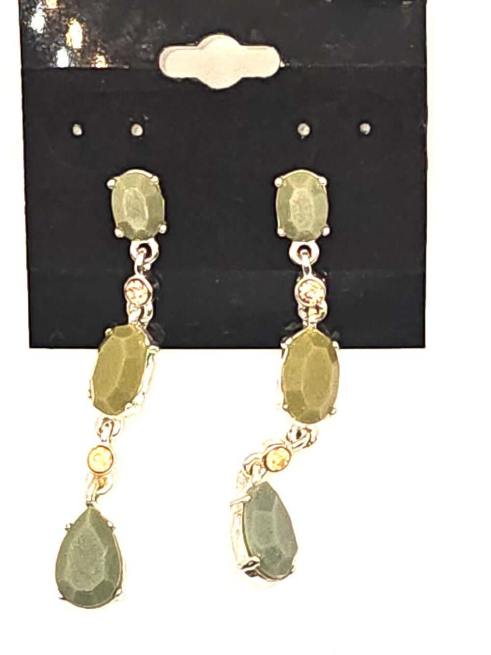Signed Vintage Liz Claiborne Silver Toned Green Yellow Rhinestones Drop Earrings